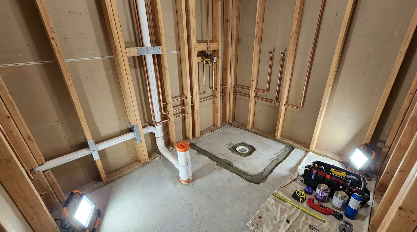 Bathroom rough-in plumbing during remodel by Johns Plumbing LLC in Weatherly