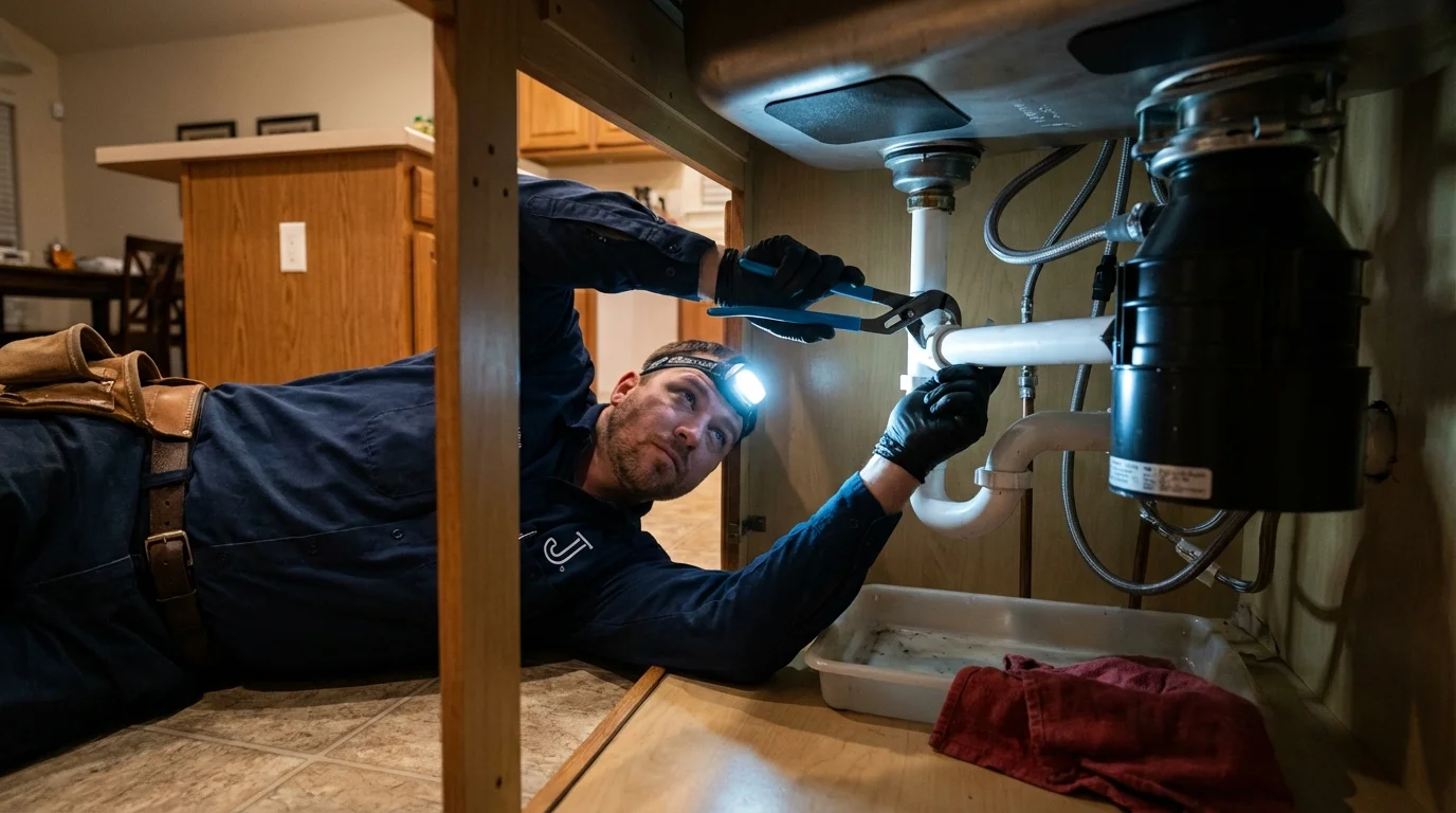 P-trap and supply line connections under a kitchen sink showing a common leak point in Weatherly, PA